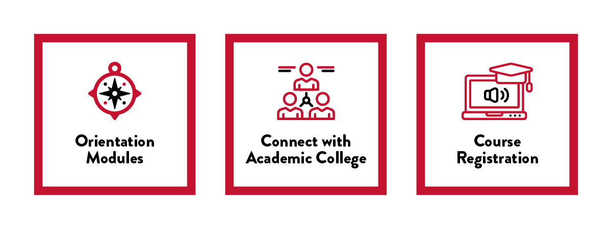 Graphic outlining the three NSO components:  Orientation Modules, Connect With Your Academic College, and Course Registration