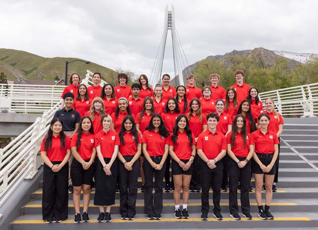 The 2024 Orientation Leaders pose for a group photo at Legacy Bridge on the University of Utah campus in Salt Lake City on Friday, May 10, 2024.